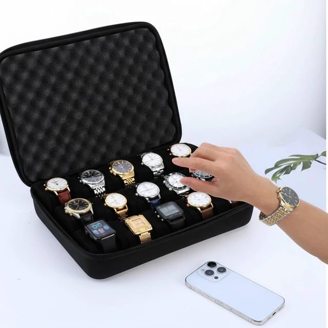 Alt view image 7 of 7 - Watch Storage Case, 15 Slot Hard Travel Wristwatches Box with Soft Protective Pillows, Black Organizer Display Holder for Men Women, Fits up to 60mm
