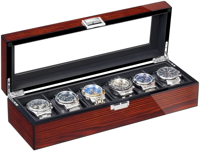 Main image of Watch Case, 6 Slot Wooden Watch Box for Men with Large Glass Lid