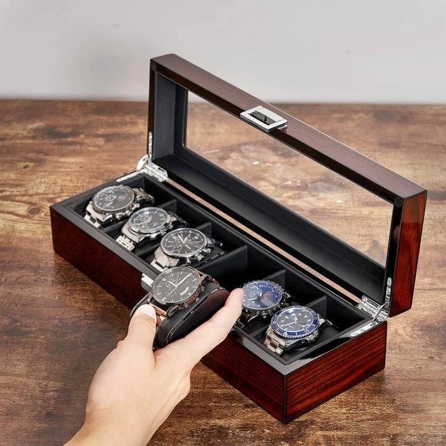 Alt view image 3 of 7 - Watch Case, 6 Slot Wooden Watch Box for Men with Large Glass Lid