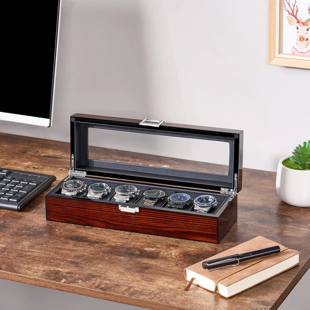 Alt view image 5 of 7 - Watch Case, 6 Slot Wooden Watch Box for Men with Large Glass Lid