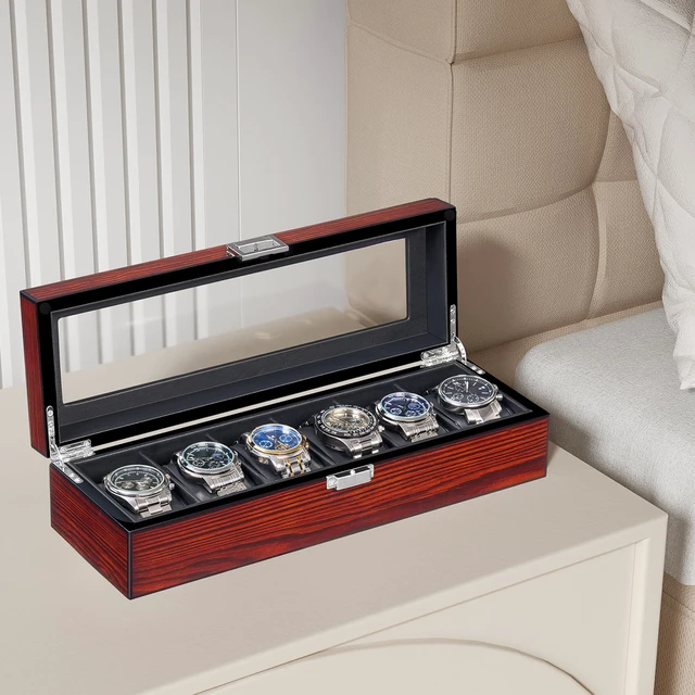 Alt view image 4 of 7 - Watch Case, 6 Slot Wooden Watch Box for Men with Large Glass Lid