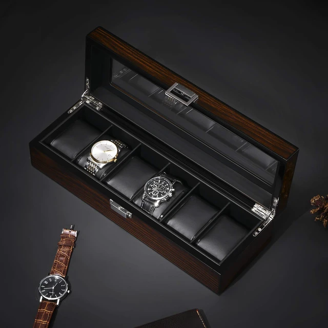 Alt view image 7 of 7 - Watch Case, 6 Slot Wooden Watch Box for Men with Large Glass Lid