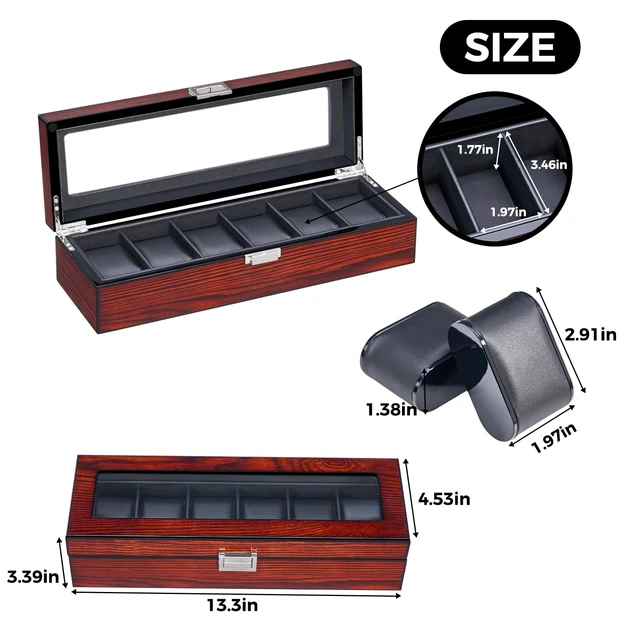 Alt view image 6 of 7 - Watch Case, 6 Slot Wooden Watch Box for Men with Large Glass Lid