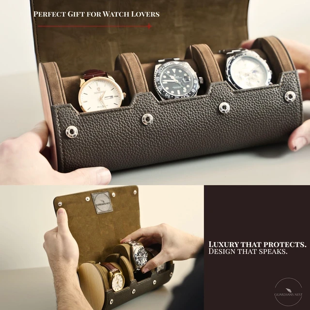Alt view image 2 of 6 - 3 Slot Watch Travel Case for Men PU Leather & Wood Watch Box Organizer, Scratch-Resistant Watch Storage Case, Protective Watch Holder for Travel & Everyday Use, Gift (Olive)