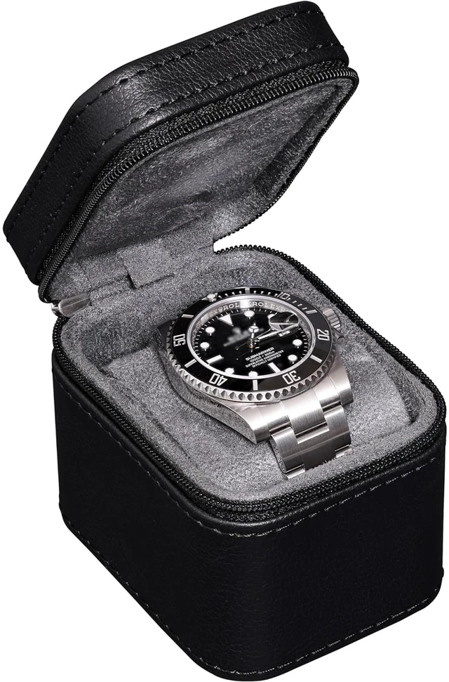 Main image of Single Watch Travel Case | Compact PU Leather Protective Box with Microsuede Interior | Fits Watches & Smartwatches Up to 55mm (Black/Grey)