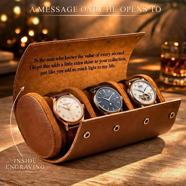 Alt view image 2 of 7 - Personalized Leather Watch Case for Men - Custom Watch Holder, Travel Roll, Jewelry Organizer Gifts For Father's Day, Boyfriend, Groomsmen, Birthday, Wedding, Anniversary, Husband, Gift for Him