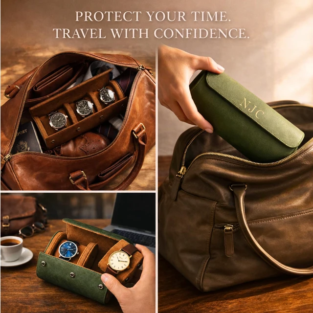 Alt view image 4 of 7 - Personalized Leather Watch Case for Men - Custom Watch Holder, Travel Roll, Jewelry Organizer Gifts For Father's Day, Boyfriend, Groomsmen, Birthday, Wedding, Anniversary, Husband, Gift for Him