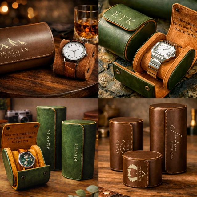 Alt view image 7 of 7 - Personalized Leather Watch Case for Men - Custom Watch Holder, Travel Roll, Jewelry Organizer Gifts For Father's Day, Boyfriend, Groomsmen, Birthday, Wedding, Anniversary, Husband, Gift for Him