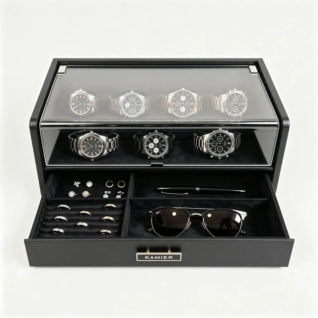 Main image of 7 Slot Watch Box for Men, PU Leather Watch Display Case with Lid