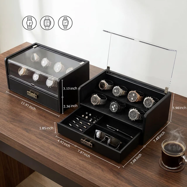 Alt view image 3 of 7 - 7 Slot Watch Box for Men, PU Leather Watch Display Case with Lid