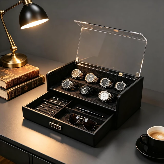 Alt view image 5 of 7 - 7 Slot Watch Box for Men, PU Leather Watch Display Case with Lid