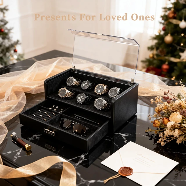 Alt view image 6 of 7 - 7 Slot Watch Box for Men, PU Leather Watch Display Case with Lid