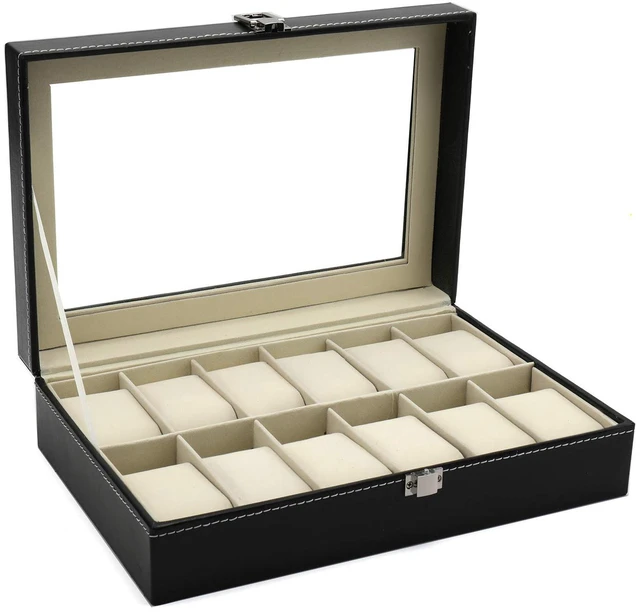 Main image of 12 Slot Leather Watch Box Display Case Organizer with Framed Glass Lid Elegant Contrast and Removable Pillow for Men and Women Watch and Jewelry Large Holder Boxes