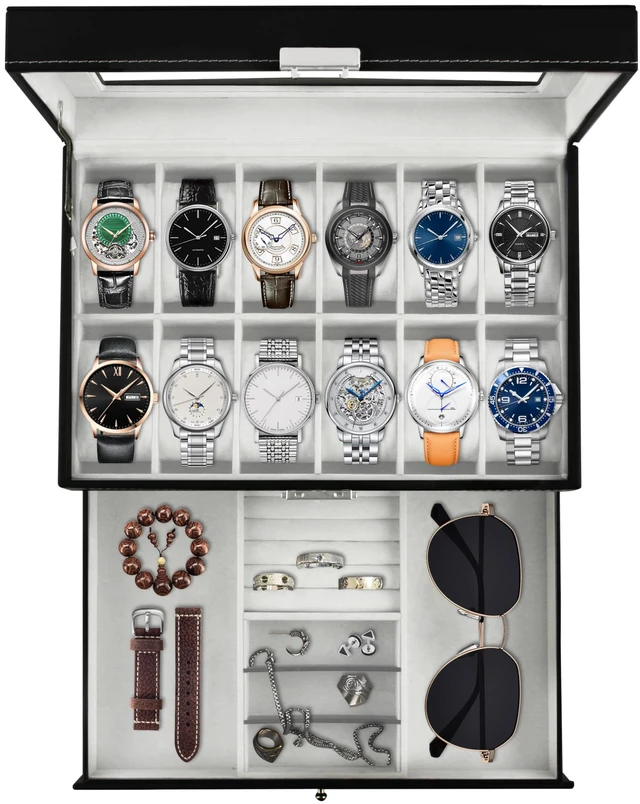 Main image of 12 Slot PU Leather Lockable Watch Storage Box for Men & Women Black
