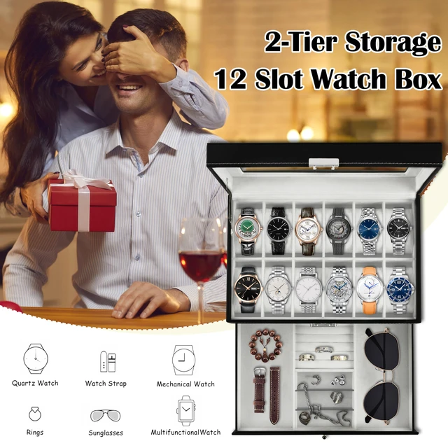 Alt view image 2 of 7 - 12 Slot PU Leather Lockable Watch Storage Box for Men & Women Black