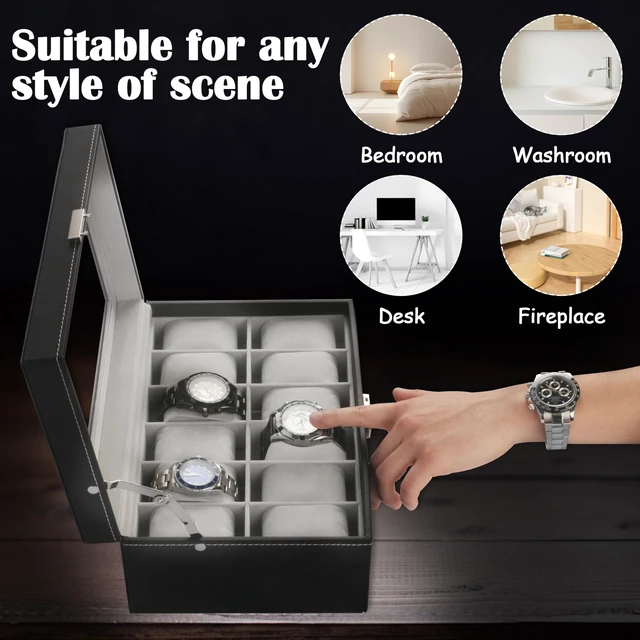 Alt view image 7 of 7 - 12 Slot PU Leather Lockable Watch Storage Box for Men & Women Black