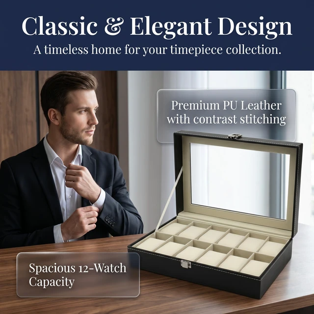 Alt view image 5 of 7 - 12 Slot Leather Watch Box Display Case Organizer with Framed Glass Lid Elegant Contrast and Removable Pillow for Men and Women Watch and Jewelry Large Holder Boxes