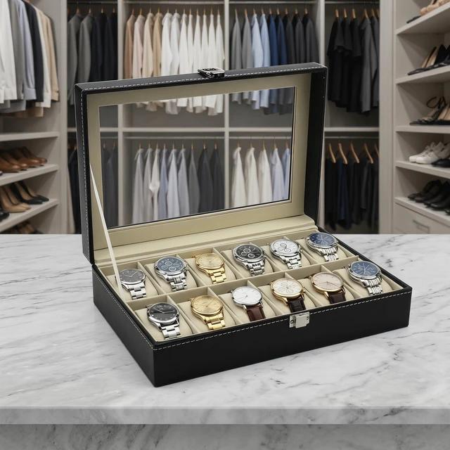 Alt view image 6 of 7 - 12 Slot Leather Watch Box Display Case Organizer with Framed Glass Lid Elegant Contrast and Removable Pillow for Men and Women Watch and Jewelry Large Holder Boxes