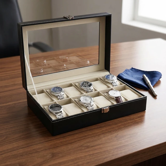 Alt view image 7 of 7 - 12 Slot Leather Watch Box Display Case Organizer with Framed Glass Lid Elegant Contrast and Removable Pillow for Men and Women Watch and Jewelry Large Holder Boxes