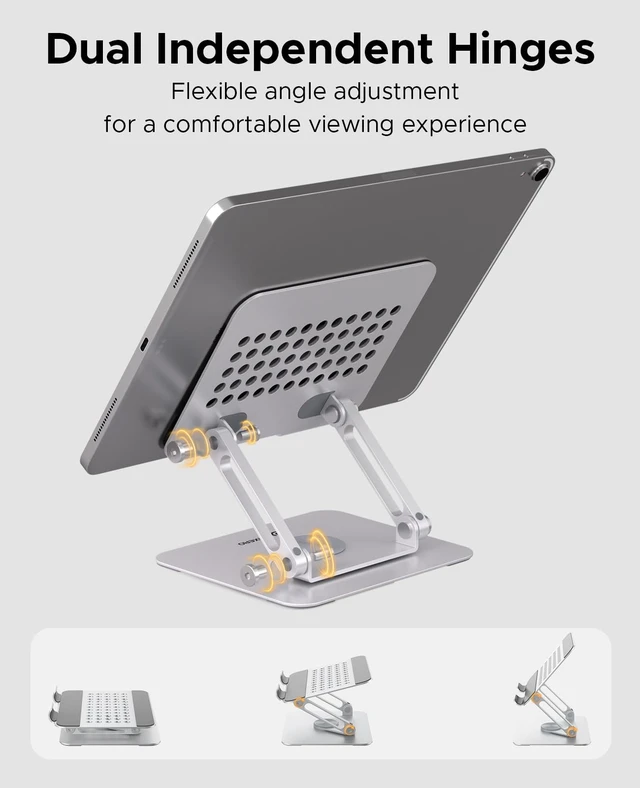 Alt view image 3 of 7 - 360° Rotating Tablet Stand, Aluminum Foldable Holder Silver | Foldable Aluminum Holder with Adjustable Hinge, Non-Slip Silicone Pads, Fits iPad and Tablets up to 12.9 Inches