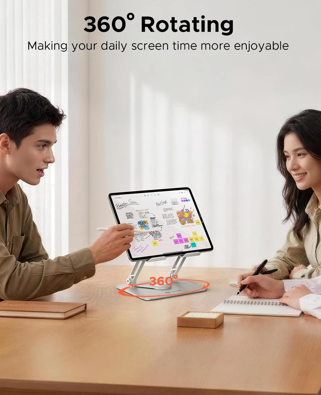 Alt view image 2 of 7 - 360° Rotating Tablet Stand, Aluminum Foldable Holder Silver | Foldable Aluminum Holder with Adjustable Hinge, Non-Slip Silicone Pads, Fits iPad and Tablets up to 12.9 Inches