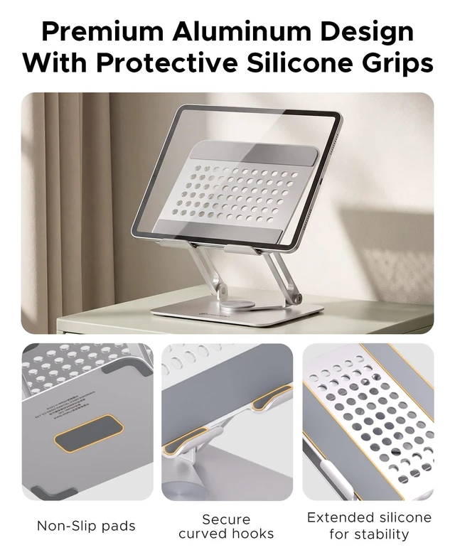 Alt view image 5 of 7 - 360° Rotating Tablet Stand, Aluminum Foldable Holder Silver | Foldable Aluminum Holder with Adjustable Hinge, Non-Slip Silicone Pads, Fits iPad and Tablets up to 12.9 Inches