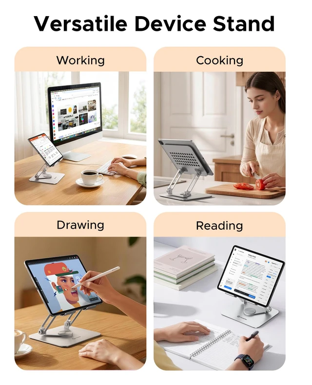 Alt view image 6 of 7 - 360° Rotating Tablet Stand, Aluminum Foldable Holder Silver | Foldable Aluminum Holder with Adjustable Hinge, Non-Slip Silicone Pads, Fits iPad and Tablets up to 12.9 Inches