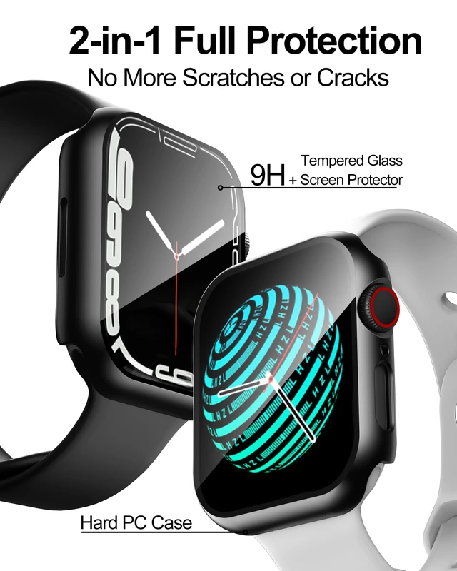 Alt view image 2 of 6 - 2 Pack Case Compatible with Apple Watch Series 9 (2023)/Series 8 /Series 7 45mm with Tempered Glass Screen Protector, Hard PC Overall Protective Cover- Black