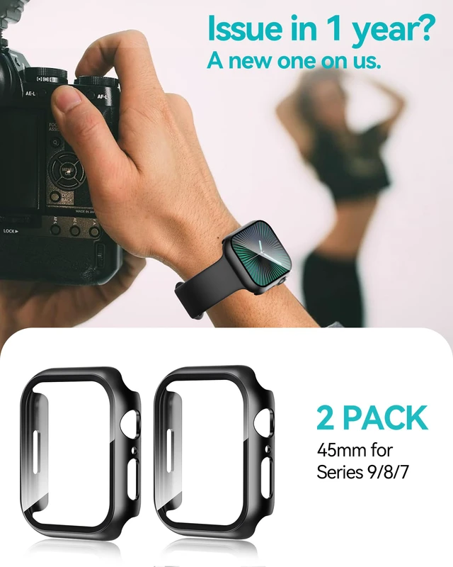 Alt view image 6 of 6 - 2 Pack Case Compatible with Apple Watch Series 9 (2023)/Series 8 /Series 7 45mm with Tempered Glass Screen Protector, Hard PC Overall Protective Cover- Black