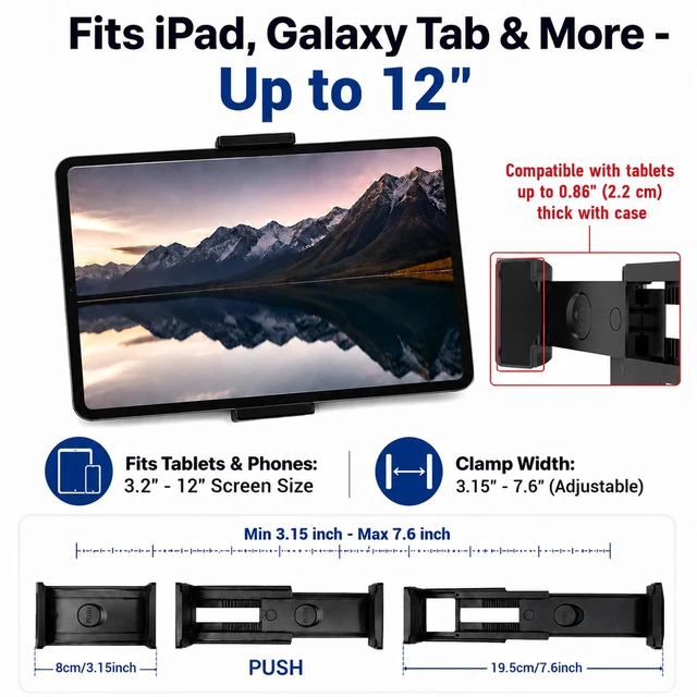 Alt view image 3 of 7 - Airplane Tablet Holder Mount, 360° Adjust, Not for Tablets Over 12" | Multi-Angle Rotating Hands-Free Travel Stand, Max 7.6" Adjustable Clamp Opening for Flying, Compatible with iPad/Galaxy Tab