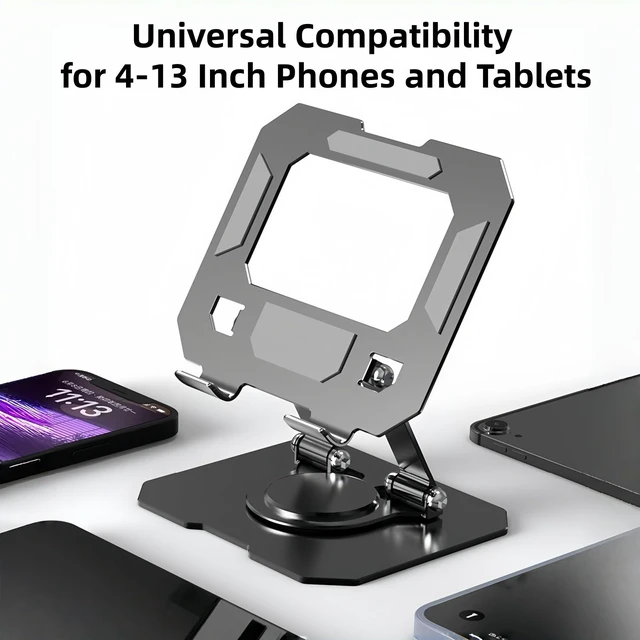 Alt view image 5 of 7 - 360° Rotatable Metal Tablet Stand, Adjustable Folding Desktop Stand for iPad/iPhone/Switch, Universal Use for Office/Movie/Studying/Drawing/Gaming, Silver
