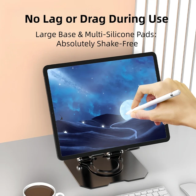 Alt view image 4 of 7 - 360° Rotatable Metal Tablet Stand, Adjustable Folding Desktop Stand for iPad/iPhone/Switch, Universal Use for Office/Movie/Studying/Drawing/Gaming, Silver