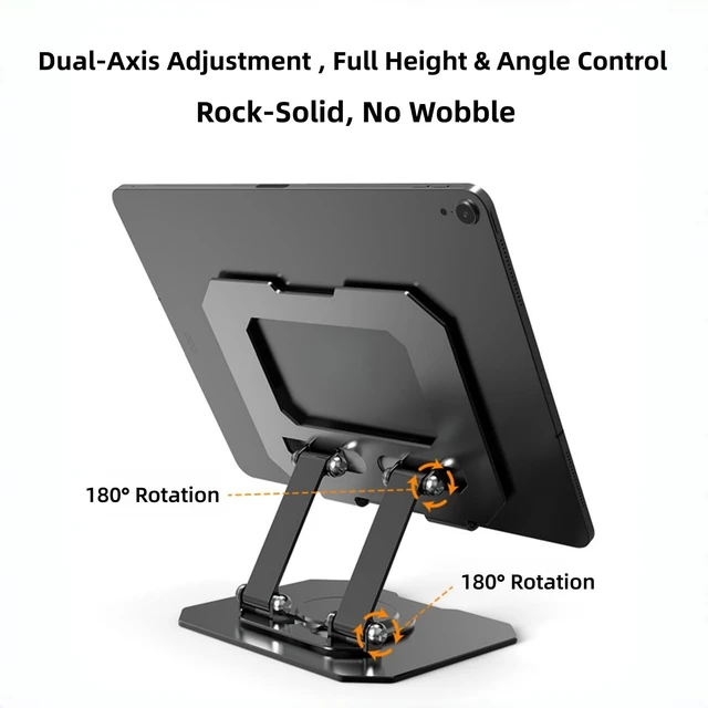 Alt view image 6 of 7 - 360° Rotatable Metal Tablet Stand, Adjustable Folding Desktop Stand for iPad/iPhone/Switch, Universal Use for Office/Movie/Studying/Drawing/Gaming, Silver