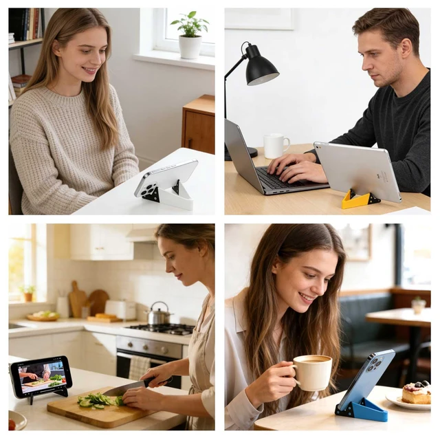 Alt view image 7 of 7 - Portable Cell Phone Stand for Desk 4 Pack, Foldable Pocket Travel Mobile Phone Holder, Upgrade Universal V Smartphone Kickstand Mount Compatible with iPhone iPad Tablet Kindle Android