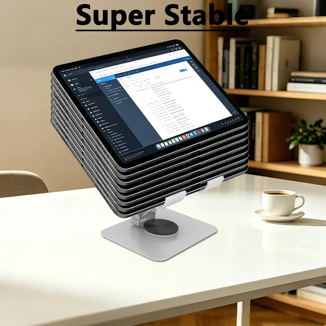 Alt view image 4 of 7 - Metal Tablet Stand for iPad Pro, Adjustable 360° Rotation, Silvery | 2026 Update Version, Ultra Stable Metal Base, Fully Foldable, Easy to Store & Carry, Compatible with 4-13 Tablet Devices