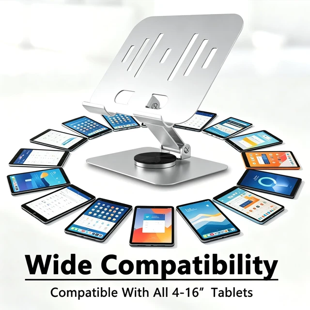 Alt view image 7 of 7 - Metal Tablet Stand for iPad Pro, Adjustable 360° Rotation, Silvery | 2026 Update Version, Ultra Stable Metal Base, Fully Foldable, Easy to Store & Carry, Compatible with 4-13 Tablet Devices