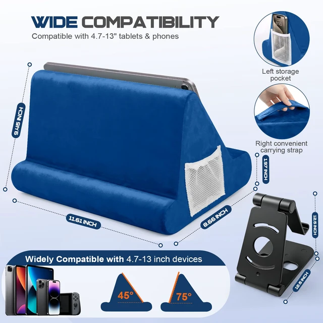 Alt view image 2 of 7 - 2pcs Multi-Angle Tablet Holder Cushion Stand with Net Pocket & Black Color Phone Stands Upgraded Tablet Pad Support for Phone,Pad,Books (Navy Blue)