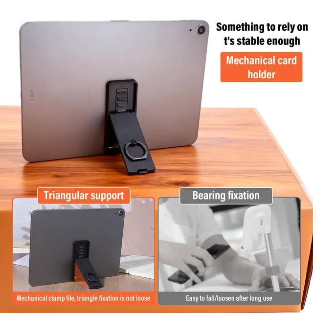 Alt view image 3 of 7 - Black Universal Tablet Stands,Foldable 360 Grip Ring Tablet Stand | Adjustable Handle Ring Holder with Adhesive Patch Desk Accessories for Phone More Reader Pc Laptop All 7-11" Tablets