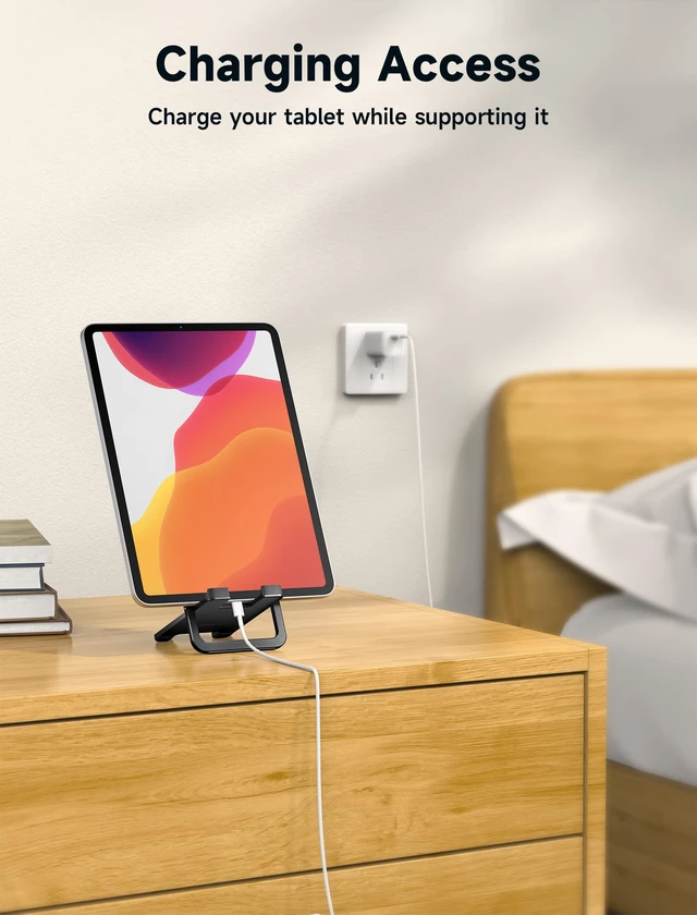 Alt view image 4 of 7 - Universal Tablet Stand, Fold-Flat Adjustable Holder, Black | Easy to Carry, Stable Alloy Build, Non-Slip Pads, Adjustable Viewing, 10,000+ Swivel Tests, for Tablets and Handhelds