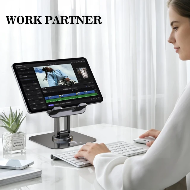 Alt view image 6 of 7 - iPad Stand, 360° Rotating iPad Tablet Stand Holder for Desk, Black | Adjustable, Foldable, Compatible for 4" - 15.6" Portable Monitor Kindle Tablet iPad Smartphones