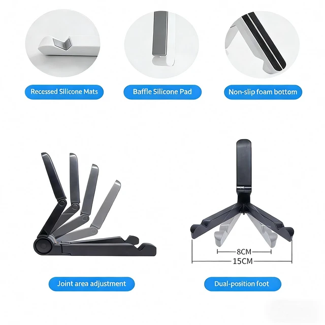 Alt view image 4 of 7 - Portable foldable ipad tablet holder, light weight and easy to carry, suitable for desktop tablets, adjustable angle compact design, travel storage, available for both tablets and smartphones (Black)