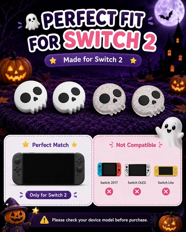 Alt view image 2 of 7 - Thumb Grips Compatible with Nintendo Switch 2 (2025) 4pcs White/Glitter Skull Design Silicone Joystick Caps, Comfortable Controller Stick Cover Gifts for Kids & Gamers