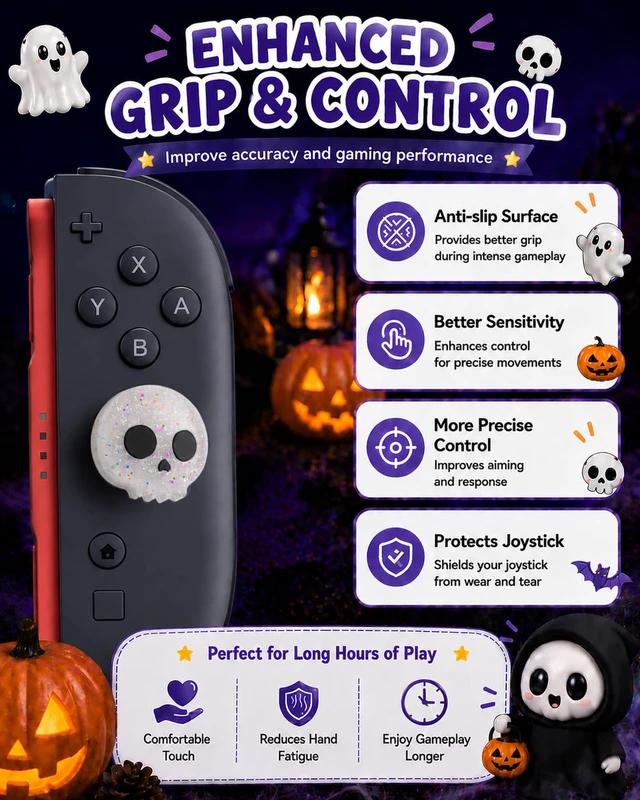 Alt view image 5 of 7 - Thumb Grips Compatible with Nintendo Switch 2 (2025) 4pcs White/Glitter Skull Design Silicone Joystick Caps, Comfortable Controller Stick Cover Gifts for Kids & Gamers
