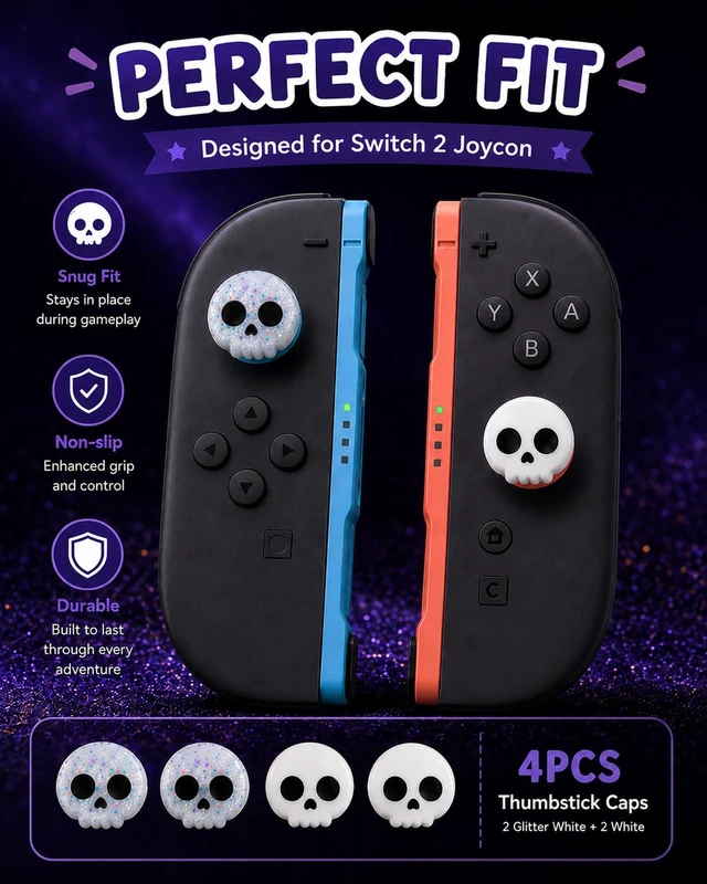 Alt view image 4 of 7 - Thumb Grips Compatible with Nintendo Switch 2 (2025) 4pcs White/Glitter Skull Design Silicone Joystick Caps, Comfortable Controller Stick Cover Gifts for Kids & Gamers