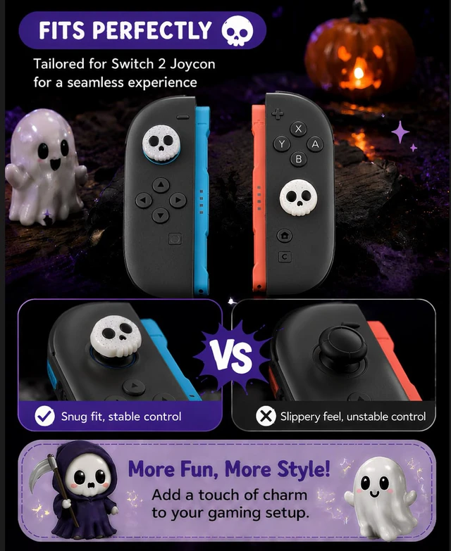 Alt view image 3 of 7 - Thumb Grips Compatible with Nintendo Switch 2 (2025) 4pcs White/Glitter Skull Design Silicone Joystick Caps, Comfortable Controller Stick Cover Gifts for Kids & Gamers