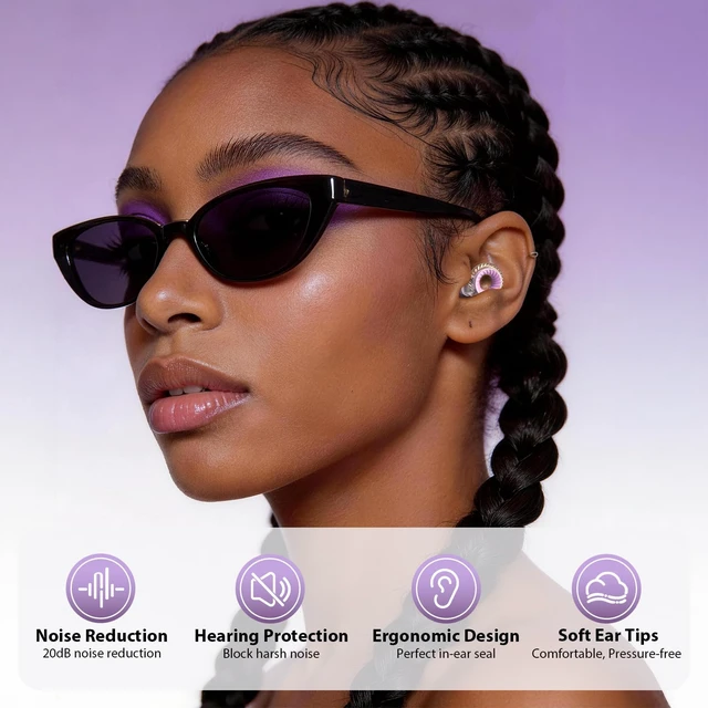 Alt view image 3 of 7 - Concert Ear Plugs 2-Pack High Fidelity Ear Plugs for Concerts, Music Festivals, Raves & DJs 20dB Noise Reduction Earplugs with Hi-Fi Filters & 3-Size Silicone Ear Tips (Purple)