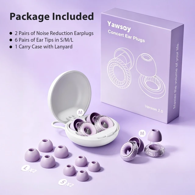Alt view image 7 of 7 - Concert Ear Plugs 2-Pack High Fidelity Ear Plugs for Concerts, Music Festivals, Raves & DJs 20dB Noise Reduction Earplugs with Hi-Fi Filters & 3-Size Silicone Ear Tips (Purple)