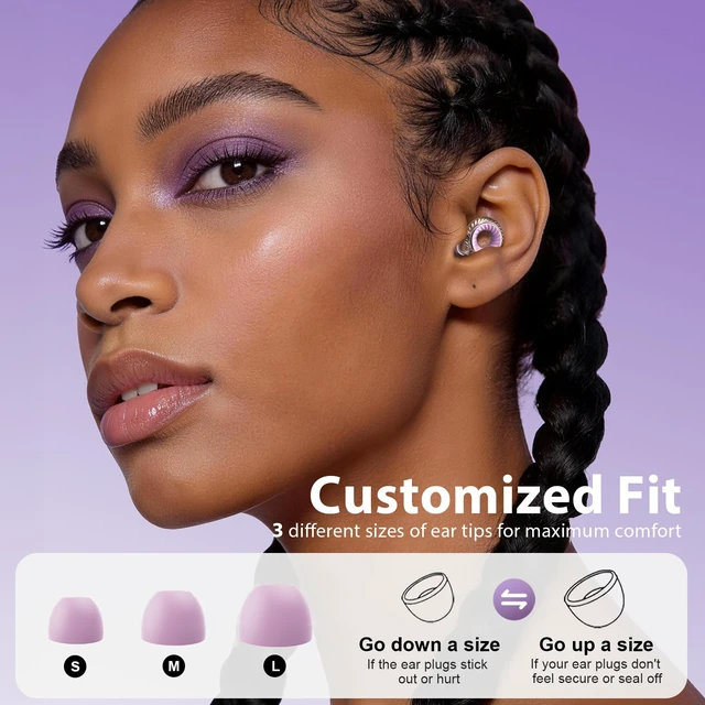 Alt view image 6 of 7 - Concert Ear Plugs 2-Pack High Fidelity Ear Plugs for Concerts, Music Festivals, Raves & DJs 20dB Noise Reduction Earplugs with Hi-Fi Filters & 3-Size Silicone Ear Tips (Purple)