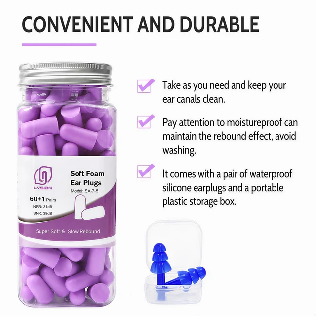 Alt view image 6 of 7 - Foam Ear Plugs for Sleep, 60 Pairs, 38dB SNR, Purple | Ultra-soft noise reduction earplugs for snoring, shooting, study, work & travel; 38dB SNR, hearing protection