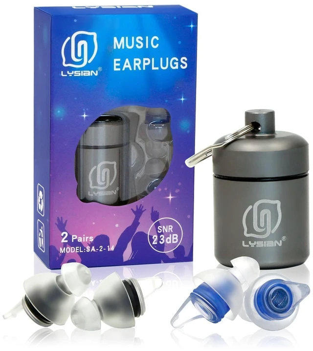 Main image of High Fidelity Concert Ear Plugs, 23dB, 2 Pairs with Case, Blue | Lowers the volume without muffling vocals; reusable for concerts, festivals, raves, gigs and drumming